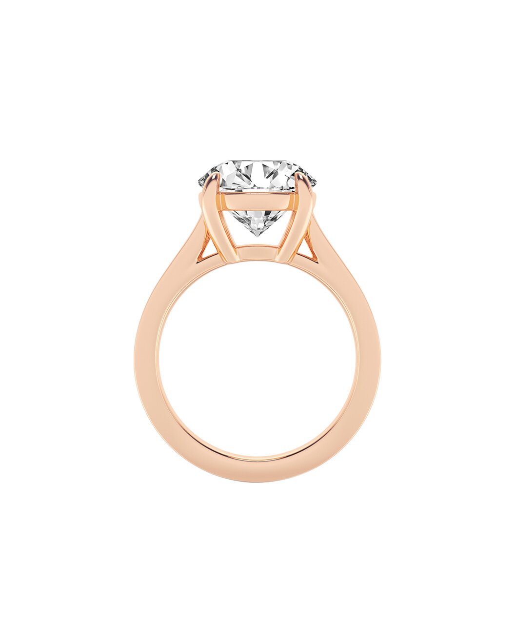 Rose gold ring with a round cut diamond on a white background
