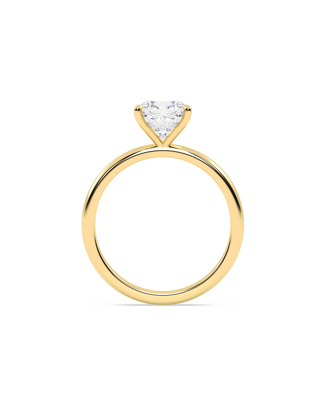 Gold ring with a cushion-shaped diamond on a white background