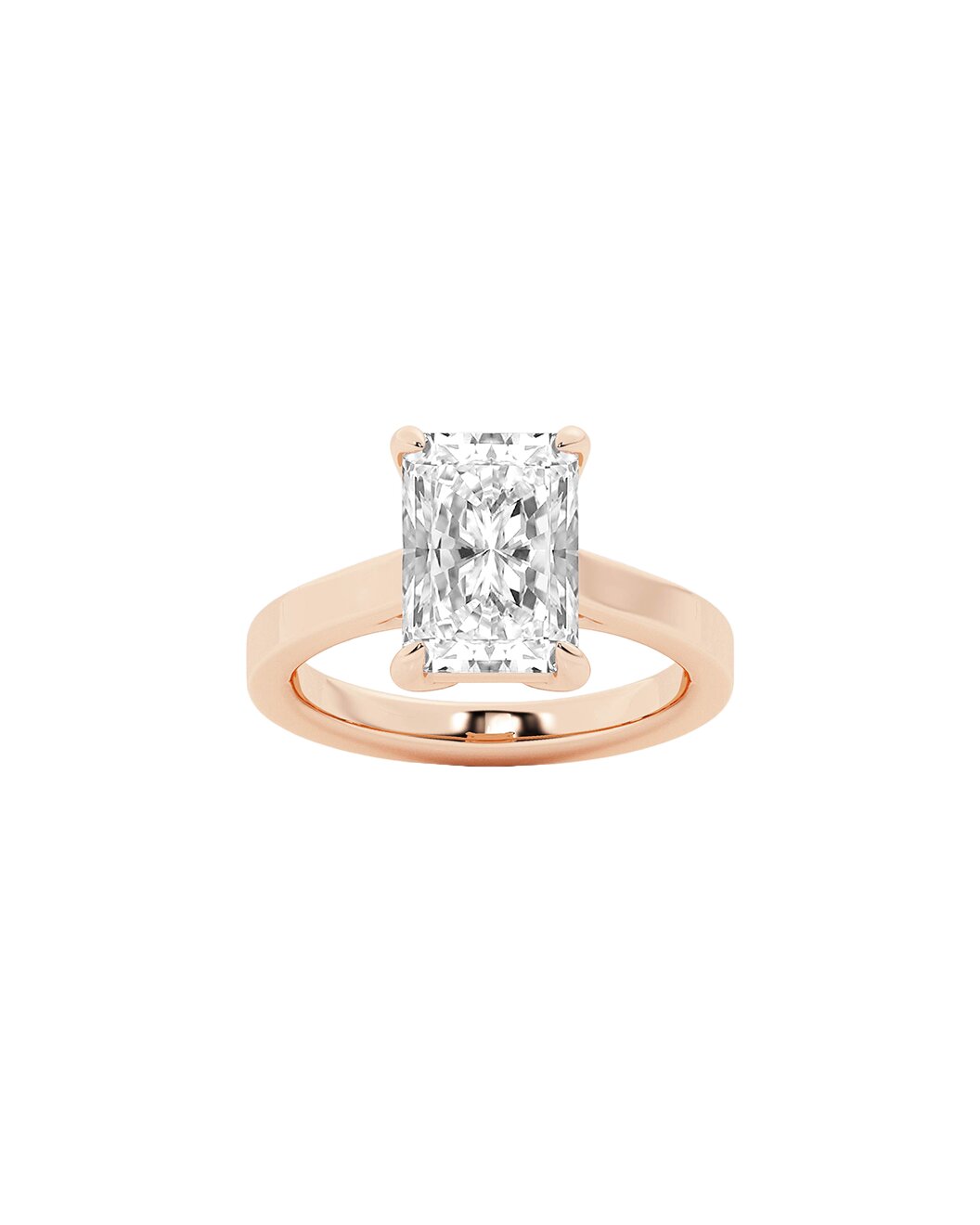 Rose gold ring with a large diamond on a white background