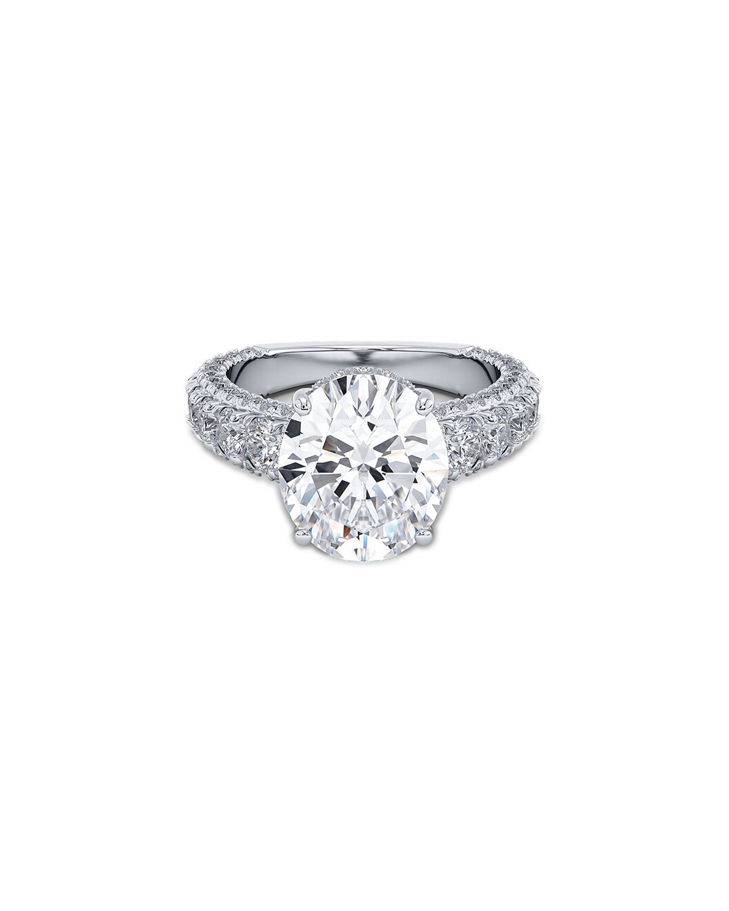 Diamond ring with a round cut diamond on a white background