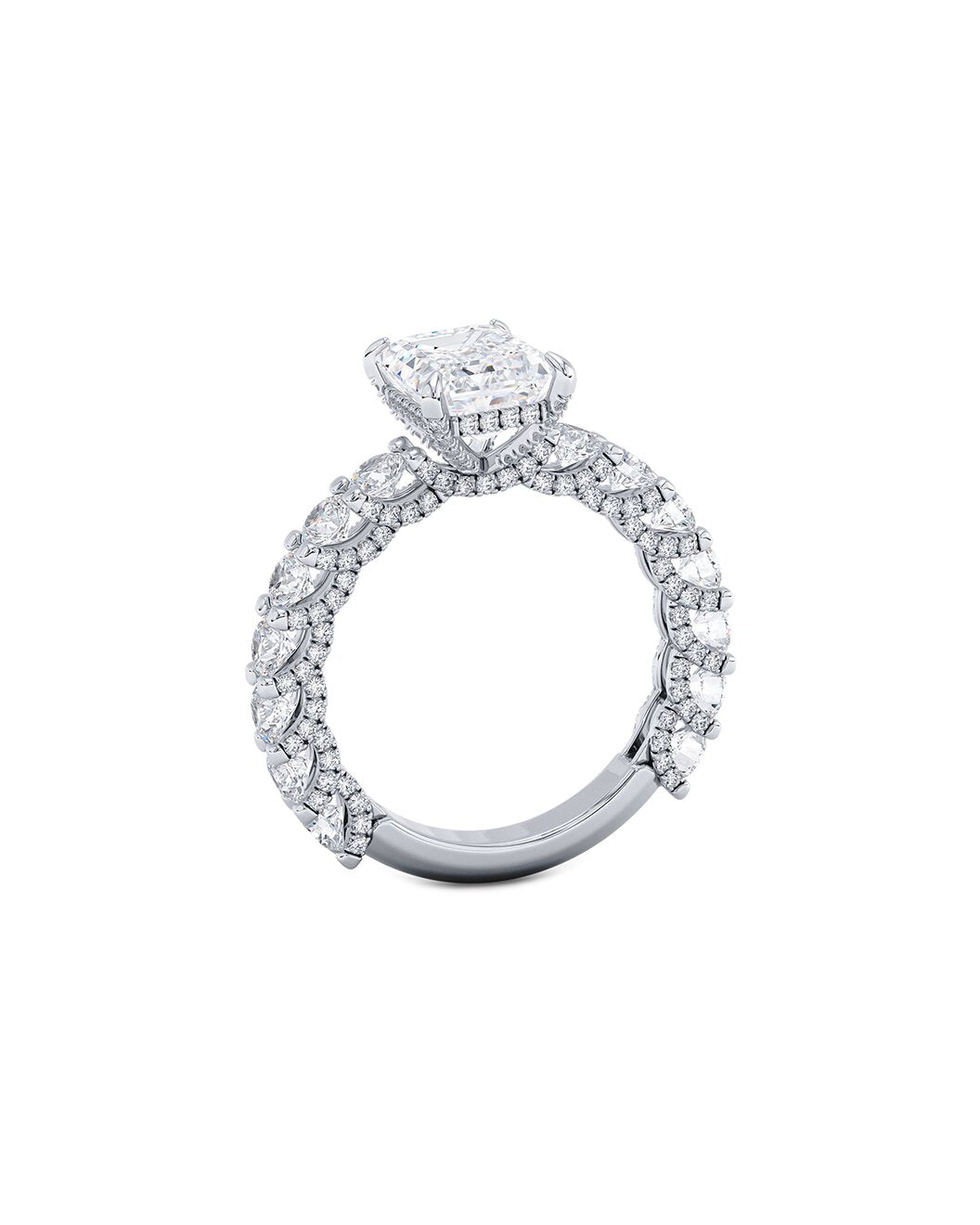 Diamond ring with a central stone and smaller stones on a white background