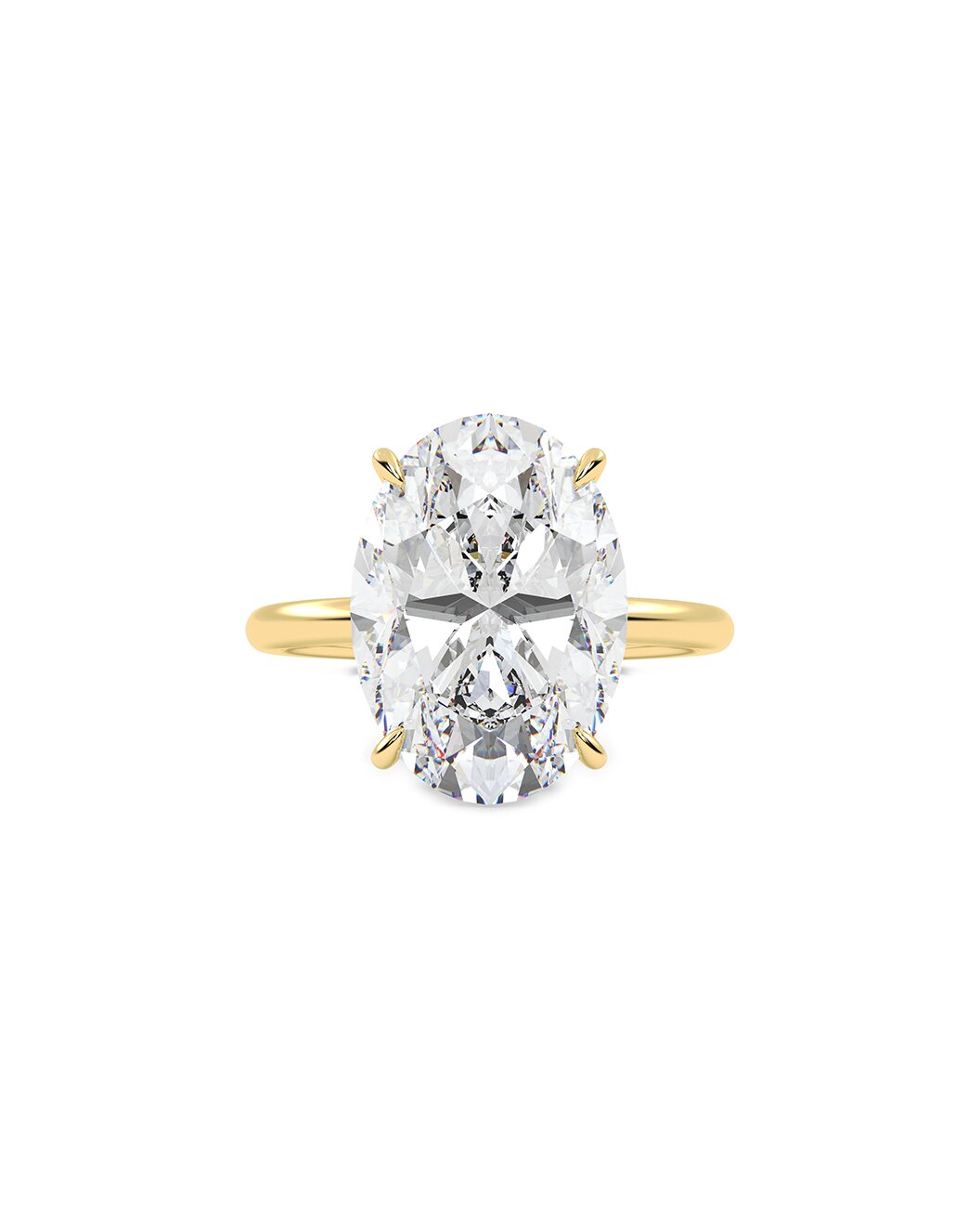 Yellow Gold ring with a large oval cut diamond on a white background