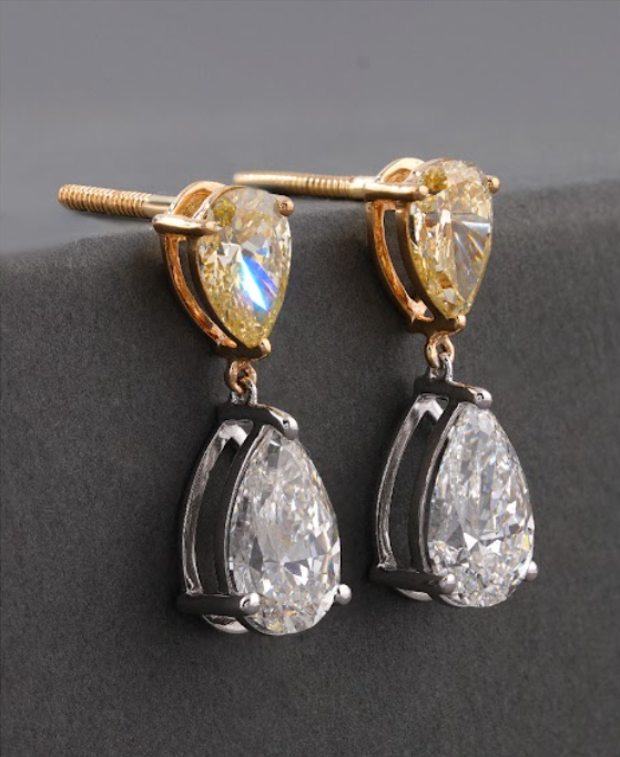 Lyzette 4.58 Carat Pear Cut Fancy Yellow Lab Grown Diamond Drop Earrings in 14K Yellow Gold