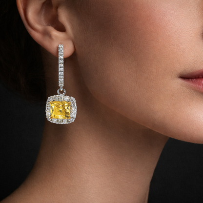 Meris 1 Carat Cushion Cut Fancy Yellow Diamond Drop Earrings in 18K White Gold