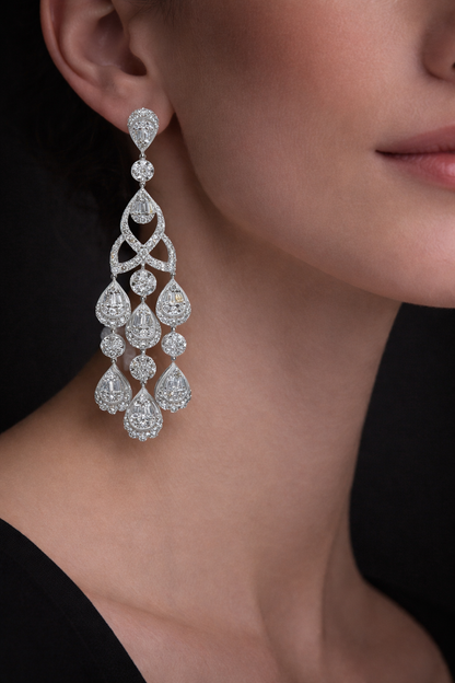 Minta 6 Carats Round and Baguette Antique Style Diamond Chandelier Drop Earrings in 14K White Gold
