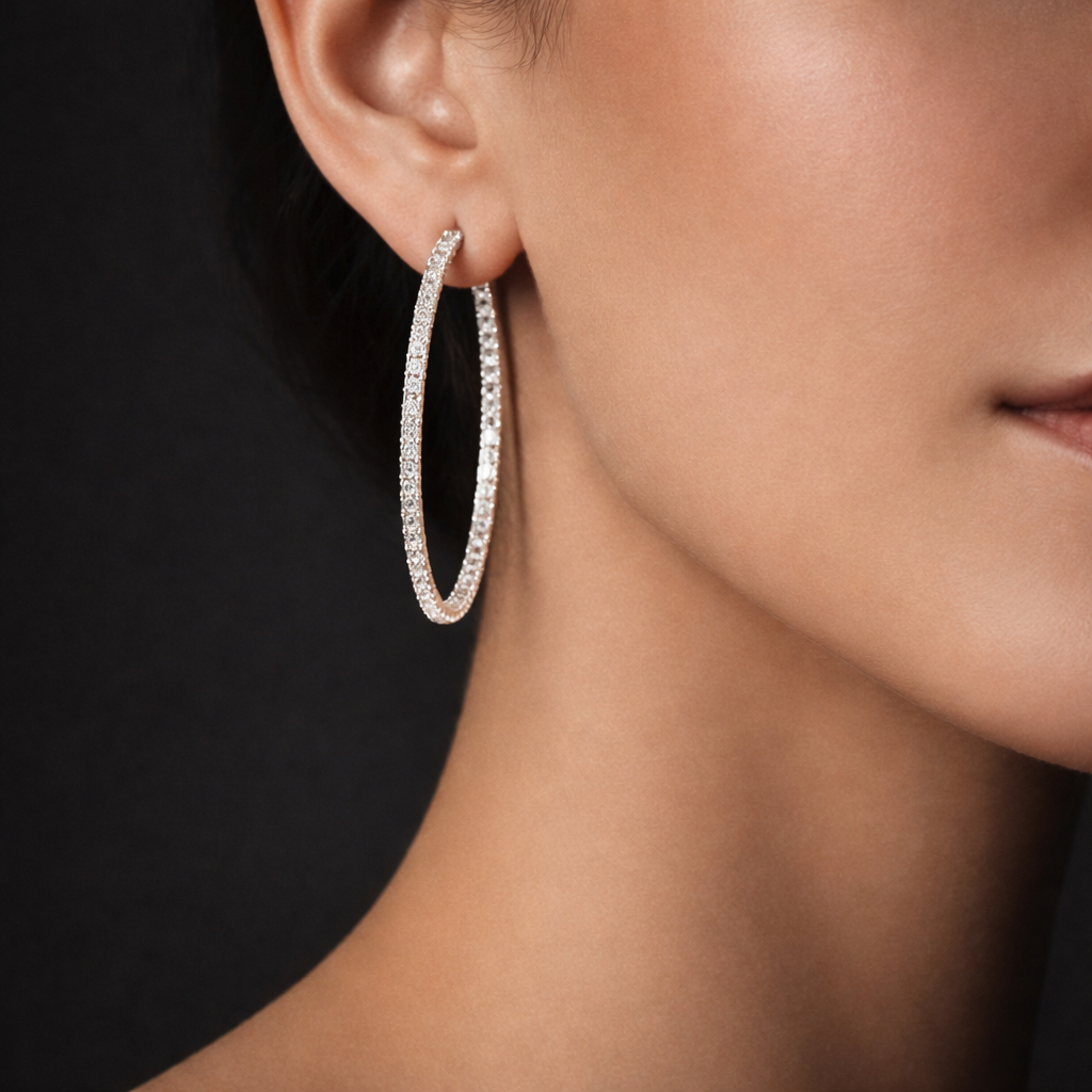 Moxie 4 Carats Round Diamond Inside Out Hoop Earrings in 14k White Gold