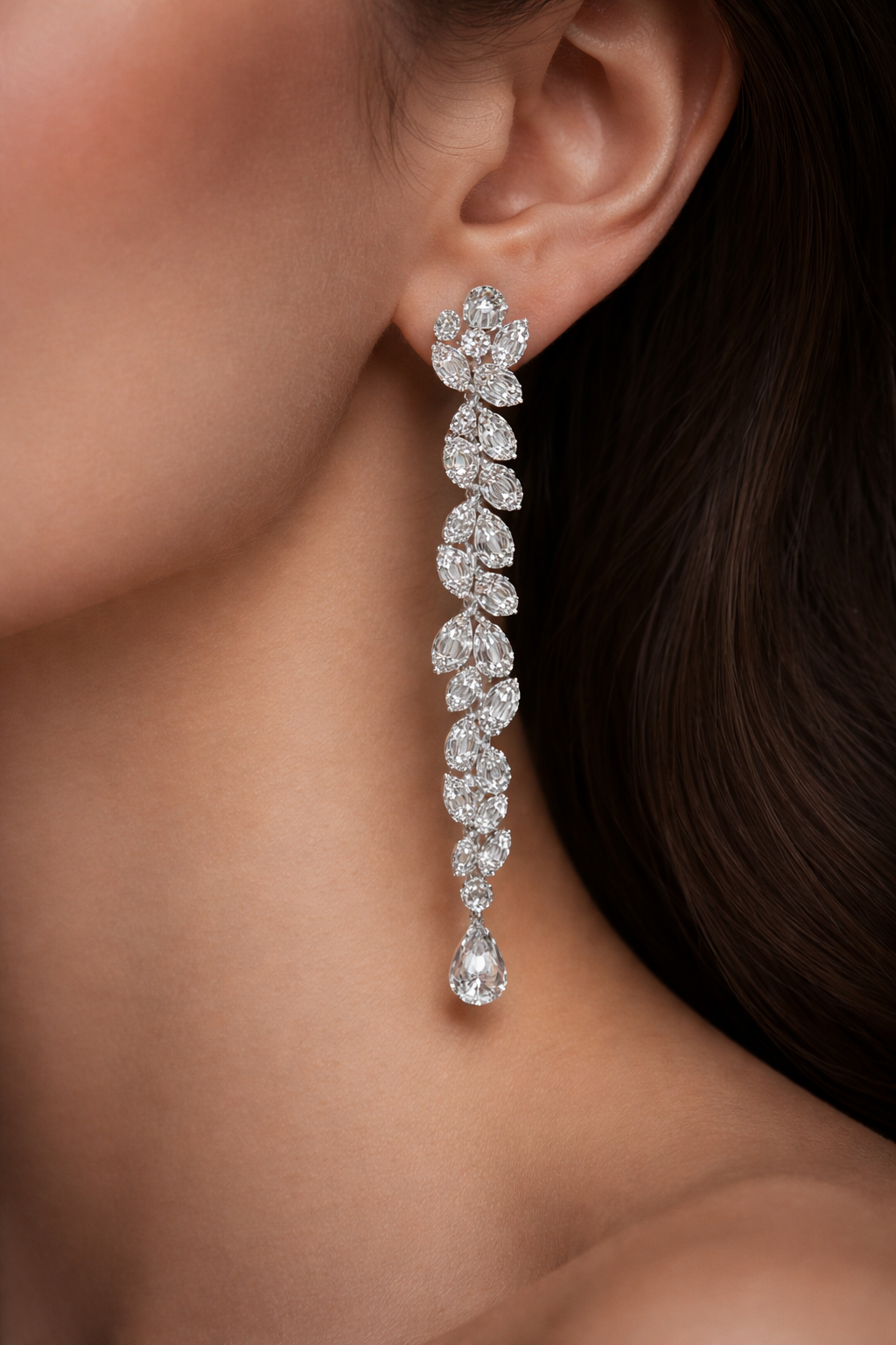 Nebula 3 Carats Baguette and Round Diamond Flower Vine Drop Earrings in 14K White Gold