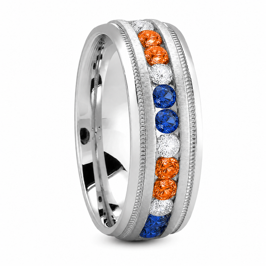 THE JALEN CHAMPIONSHIP BAND Orange & Blue Sapphire and White Diamonds Channel Set in Platinum By Mike Nekta New York Size 7 - 13, 7MM