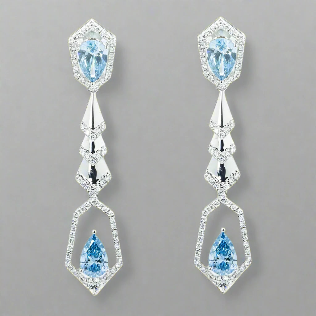 Pear Cut Fancy Vivid Blue Diamond Geometric Drop Earrings Front