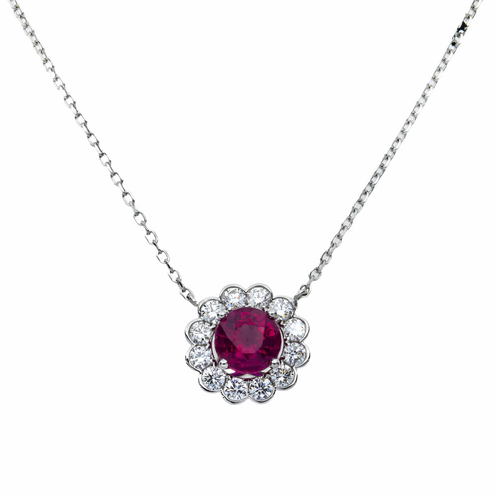 Scout 3 Carat Round Cut Diamond & Ruby Gemstone Necklace Front
