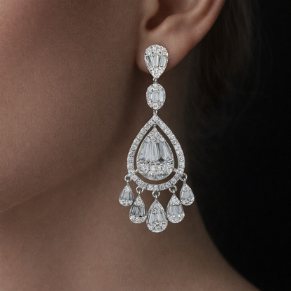 Sonnet 4 Carats Round and Baguette Diamond Teardrop Earrings in 14K White Gold
