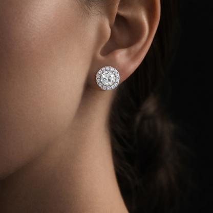 Vashti 1 Carat Round Halo Diamond Stud Earrings in 18K White Gold On Ear