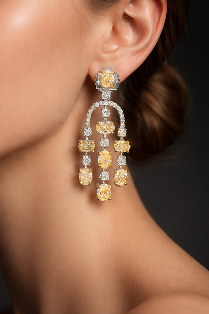 Vienna 5 Carats Oval Cut Fancy Yellow Diamond Chandelier Drop Earrings in 14K White Gold