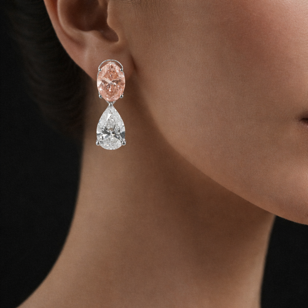 Whitley 5 Carats Pear & Oval Cut Lab Grown Pink Vivid Diamond Drop Earrings in 18K White Gold