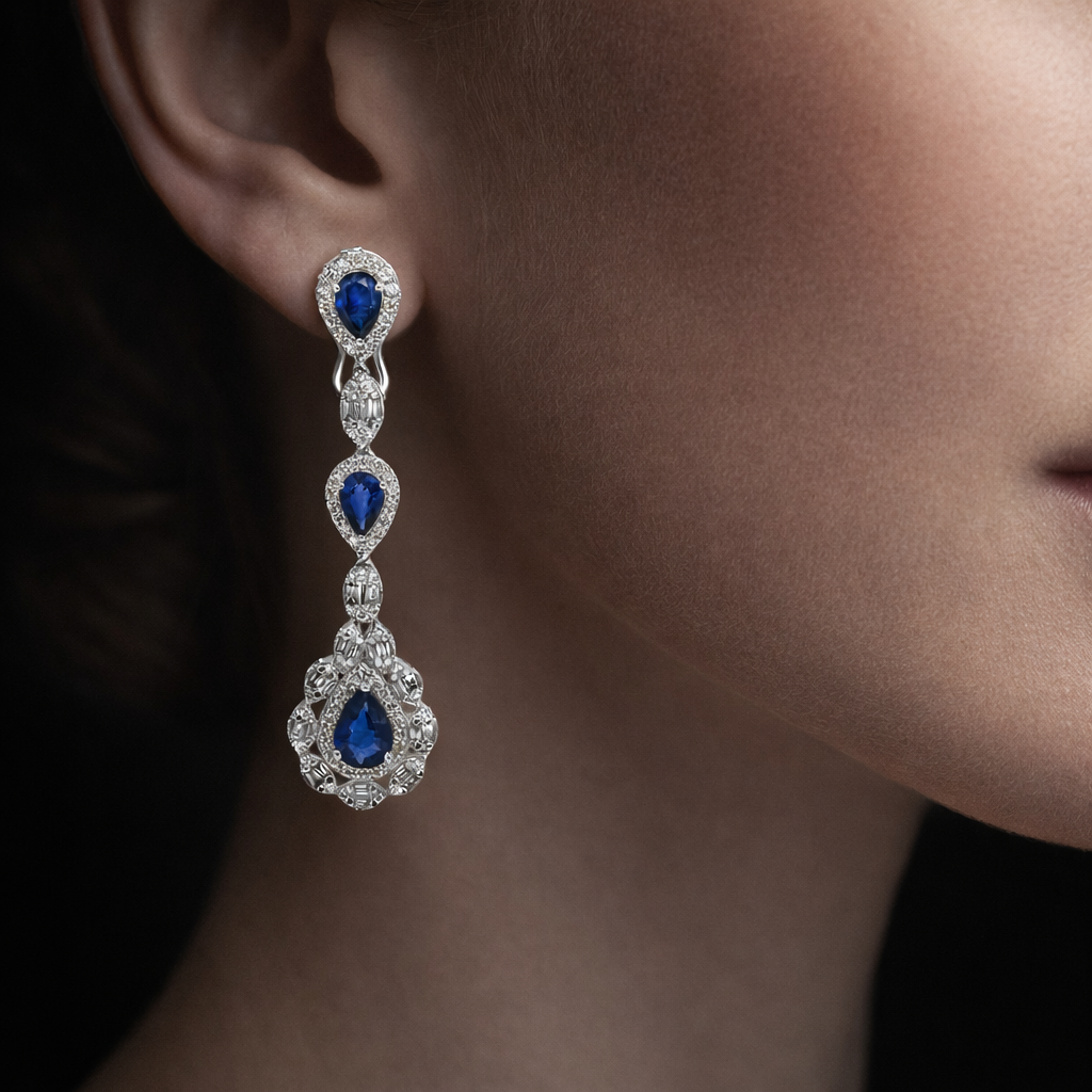 Wrenlee Pear Cut Sapphire & Diamond Drop Earrings in 14K White Gold