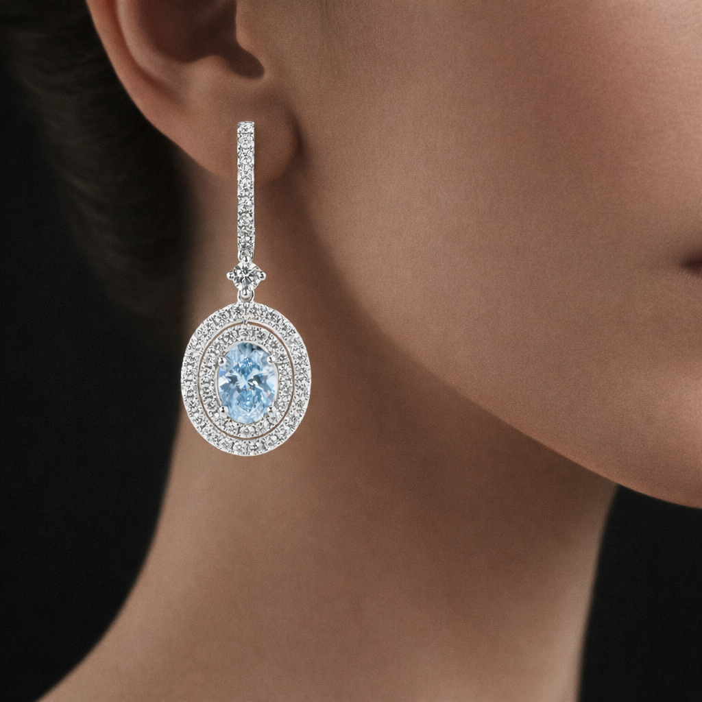 Yareli 3 Carats Oval Cut Lab Grown Fancy Vivid Blue Diamond Drop Earrings in 18K White Gold