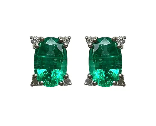 Elise 1.39 Carats Oval Cut Emerald Gemstone Stud Earrings in 18K White Gold 