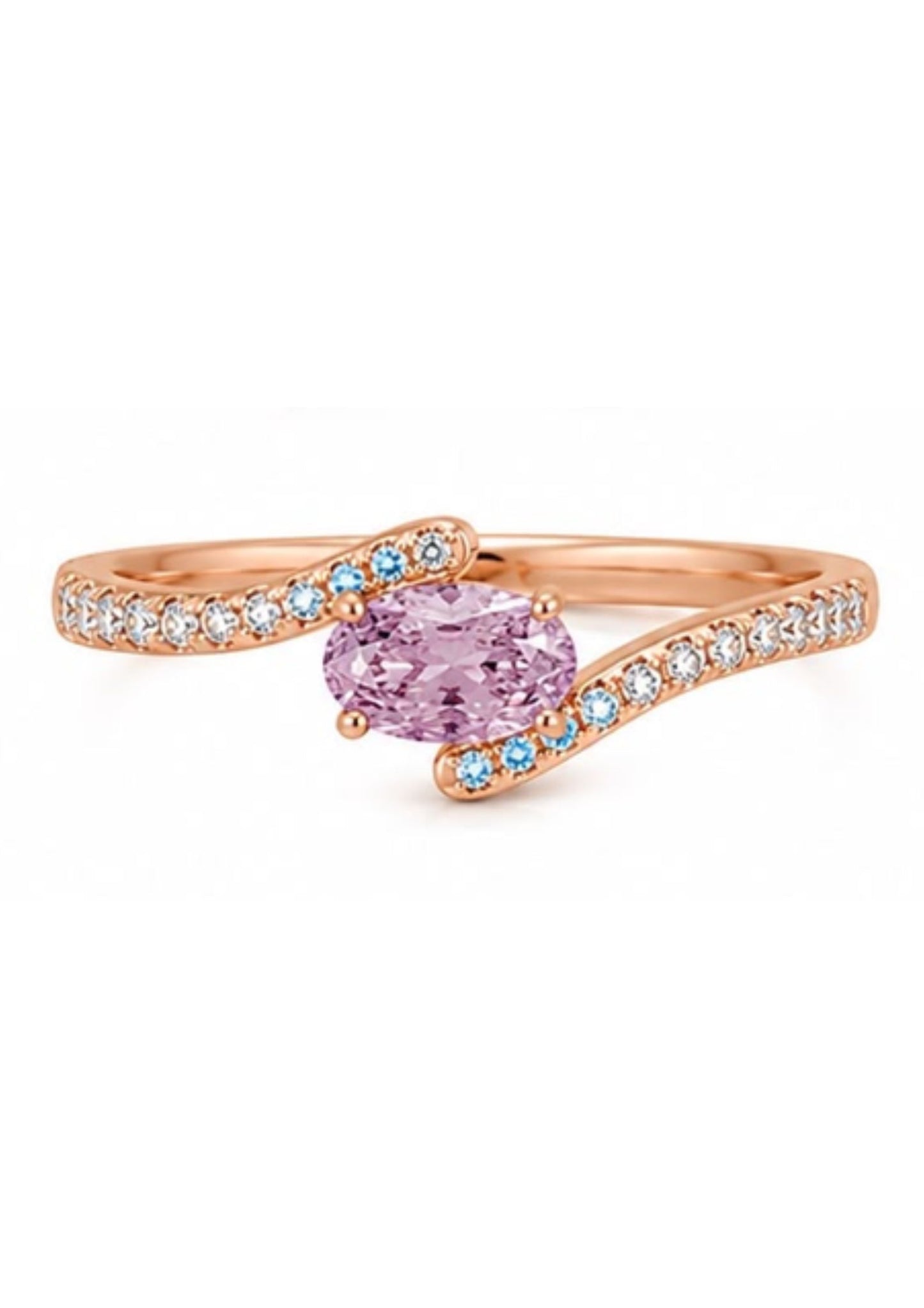 Perspective view of a custom bypass engagement ring featuring a 0.60 carat Fancy Intense Pink Purple oval diamond with micro pavé white diamonds.
