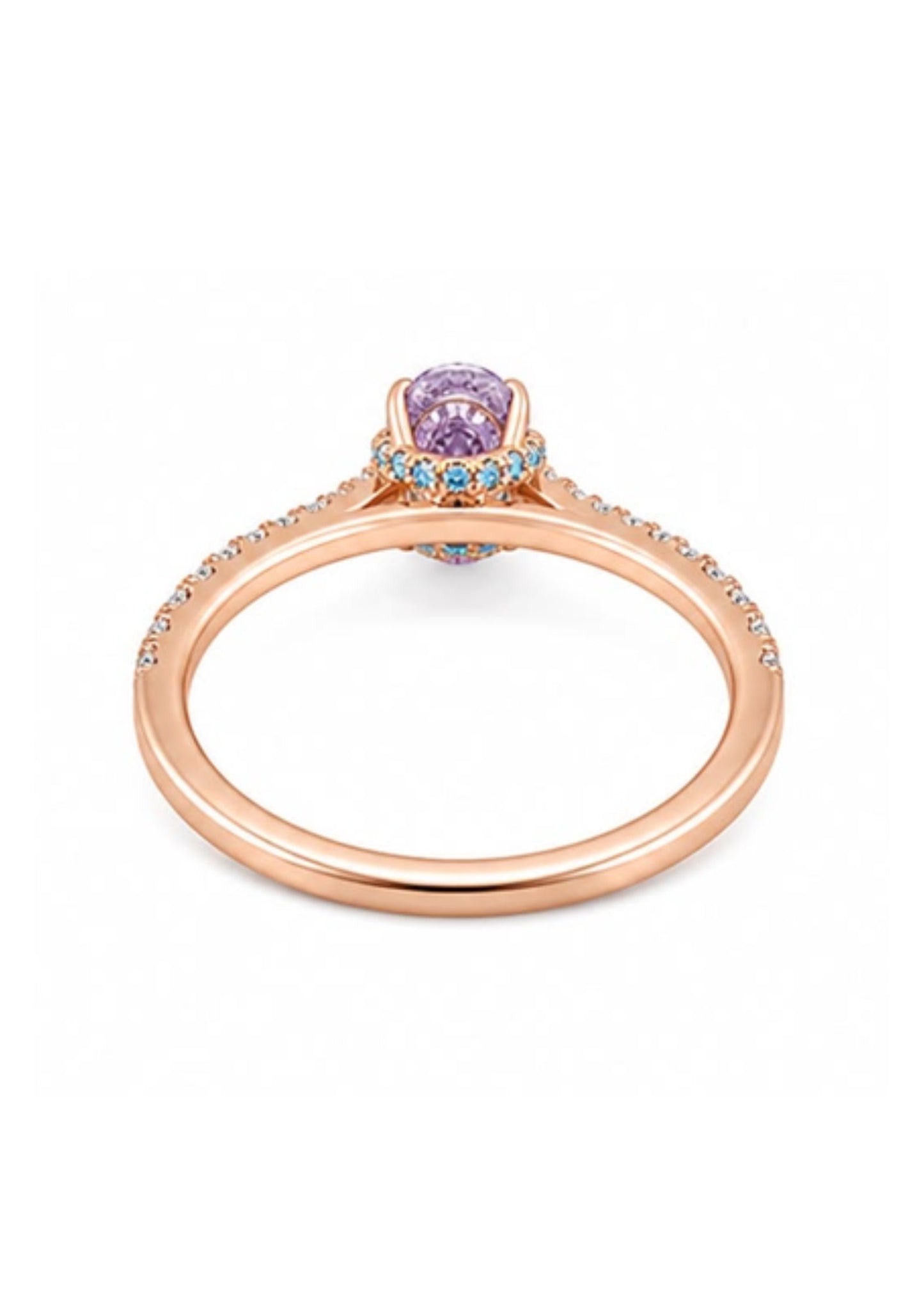 Rear view of a custom rose gold engagement ring featuring a Fancy Intense Pink Purple oval diamond with an aqua blue hidden halo.