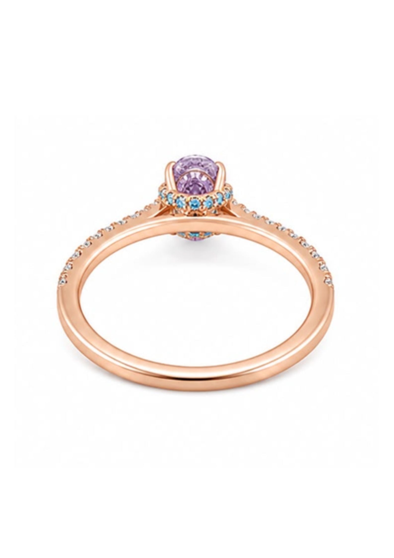 Rear view of a custom rose gold engagement ring featuring a Fancy Intense Pink Purple oval diamond with an aqua blue hidden halo.