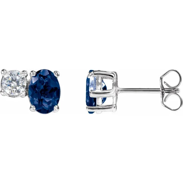 Luvena 7 x 5 mm Lab Grown Sapphire and 0.5 Carat Diamond Stud Earrings in 14k White Gold