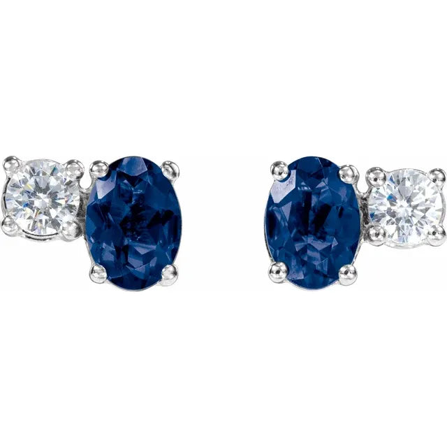 Luvena 7 x 5 mm Lab Grown Sapphire and 0.5 Carat Diamond Stud Earrings in 14k White Gold