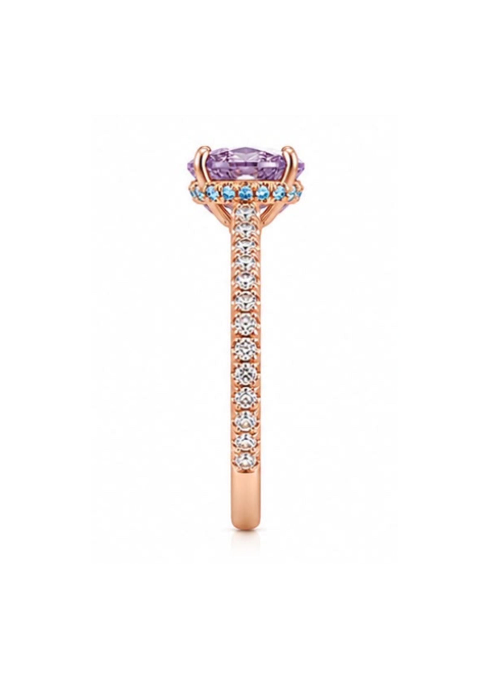 2 mm micro pavé rose gold shank with natural Fancy Intense Pink Purple oval center diamond.