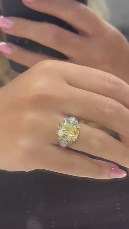 Maddyson 11 Carat Fancy Intense Yellow Cushion Cut Diamond Engagement Ring in Platinum/18k White Gold GIA Certified