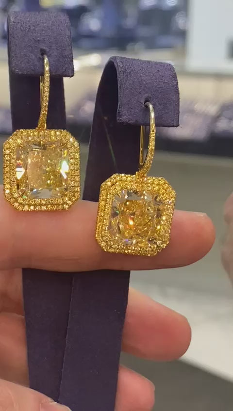Kairi 21 Carats Fancy Yellow VS1-VVS1 Radiant Cut Diamond Drop Earrings Video