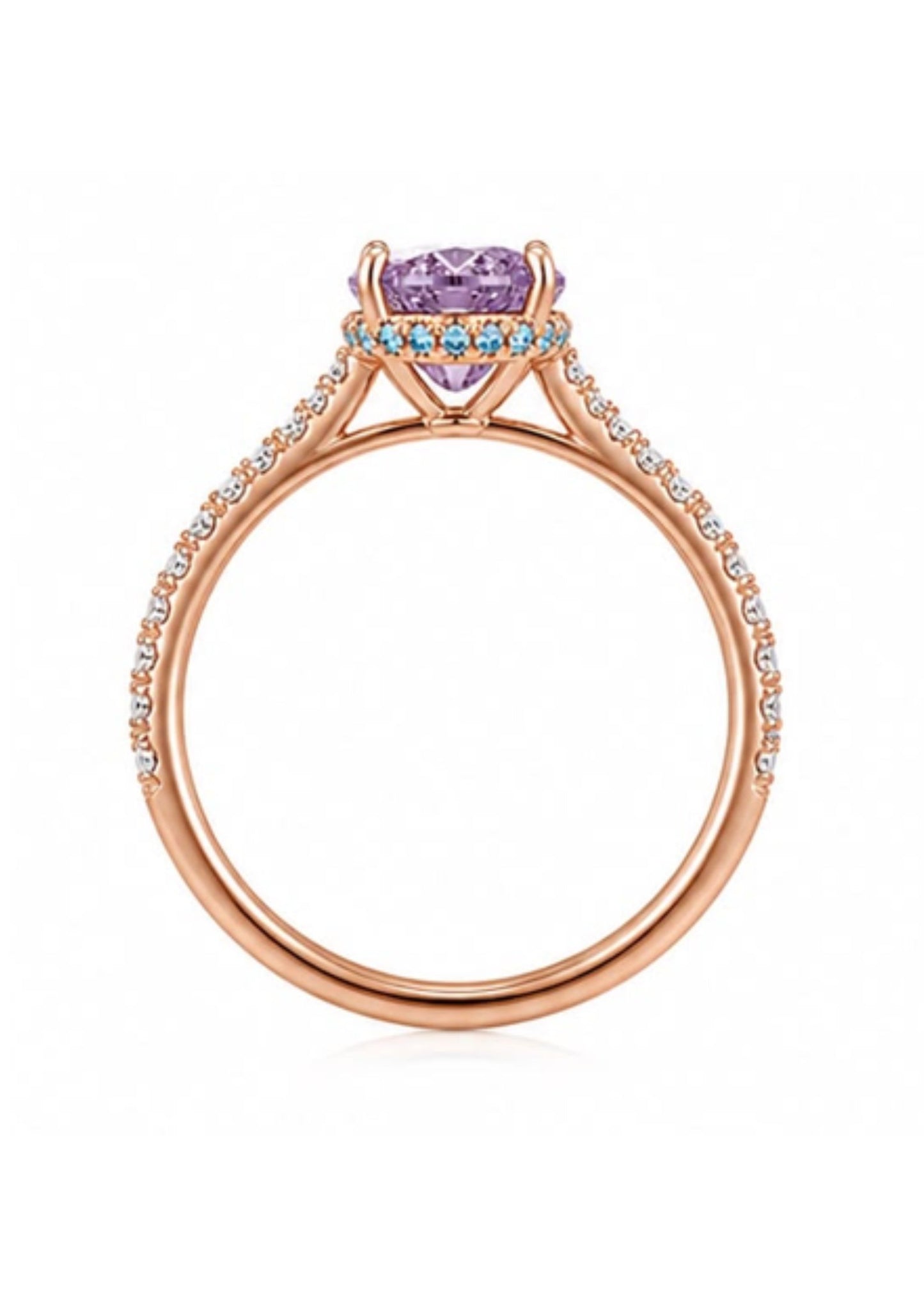 Side profile showing aqua blue diamond hidden halo beneath a Fancy Intense Pink Purple oval diamond.