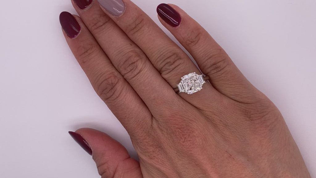 Diamond Ring Radiant Cut 4 Carat Three Stone Ring in Platinum Video on Hand
