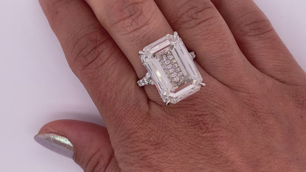 Diamond Ring Emerald Cut 22 Carat Halo Ring in Platinum Video on Hand