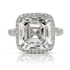 Diamond Ring Asscher Cut 9 Carat halo diamond sidestone ring in Platinum Front view