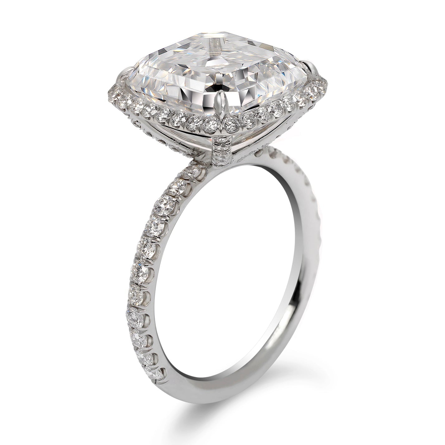 Diamond Ring Asscher Cut 9 Carat halo diamond sidestone ring in Platinum Side View