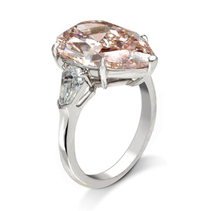 Purplish Pink Diamond Ring Pear Shape Cut 10 Carat Three Stone in Platinum & 18k Yellow Gold Side View