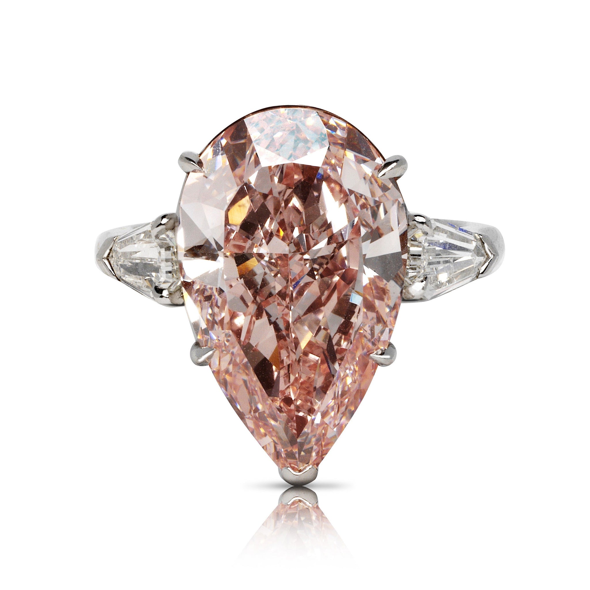 Purplish Pink Diamond Ring Pear Shape Cut 10 Carat Three Stone in Platinum & 18k Yellow Gold Front View