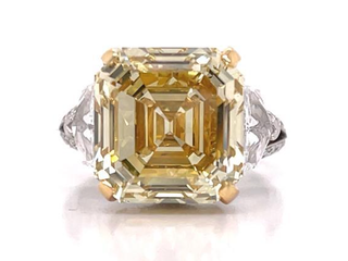 Yellow Diamond Ring Asscher Cut 11 Carat three stone ring in 18K  Gold Front View