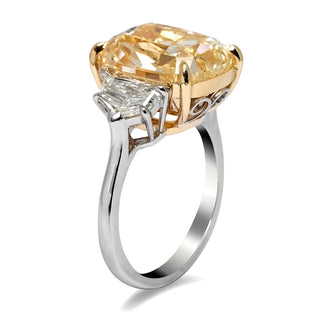 Light Yellow Diamond Ring Cushion Cut 11 Carat Three Stone Ring in Platinum Side View