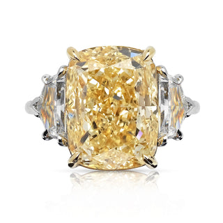 Light Yellow Diamond Ring Cushion Cut 11 Carat Three Stone Ring in Platinum Front View