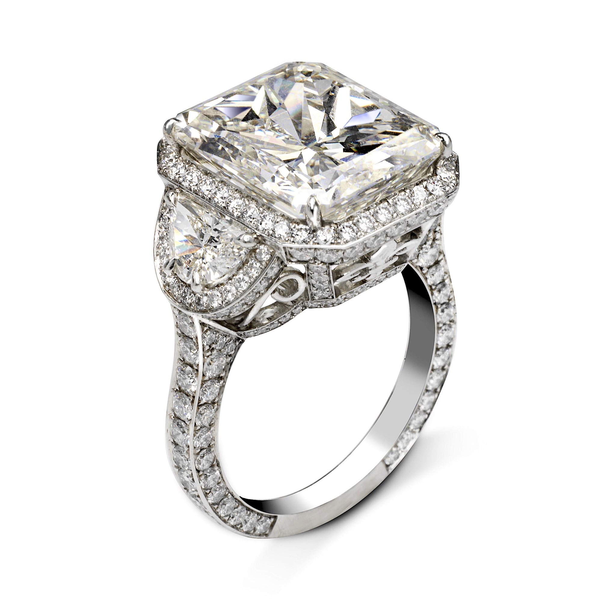 Diamond Ring Radiant Cut 11 Carat Halo Ring in Platinum Side View