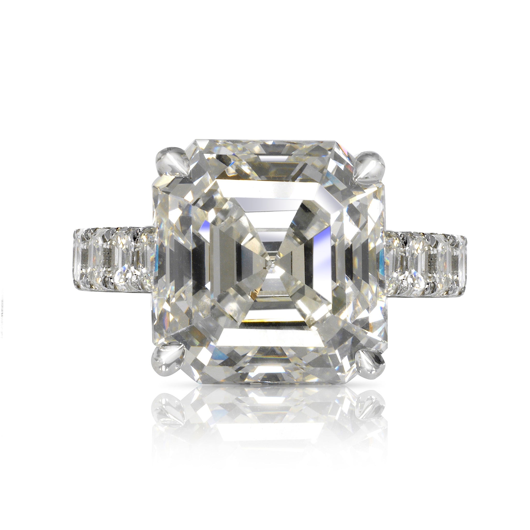 Diamond Ring Asscher Cut 12 Carat Sidestone Ring in 18K White Gold Front View