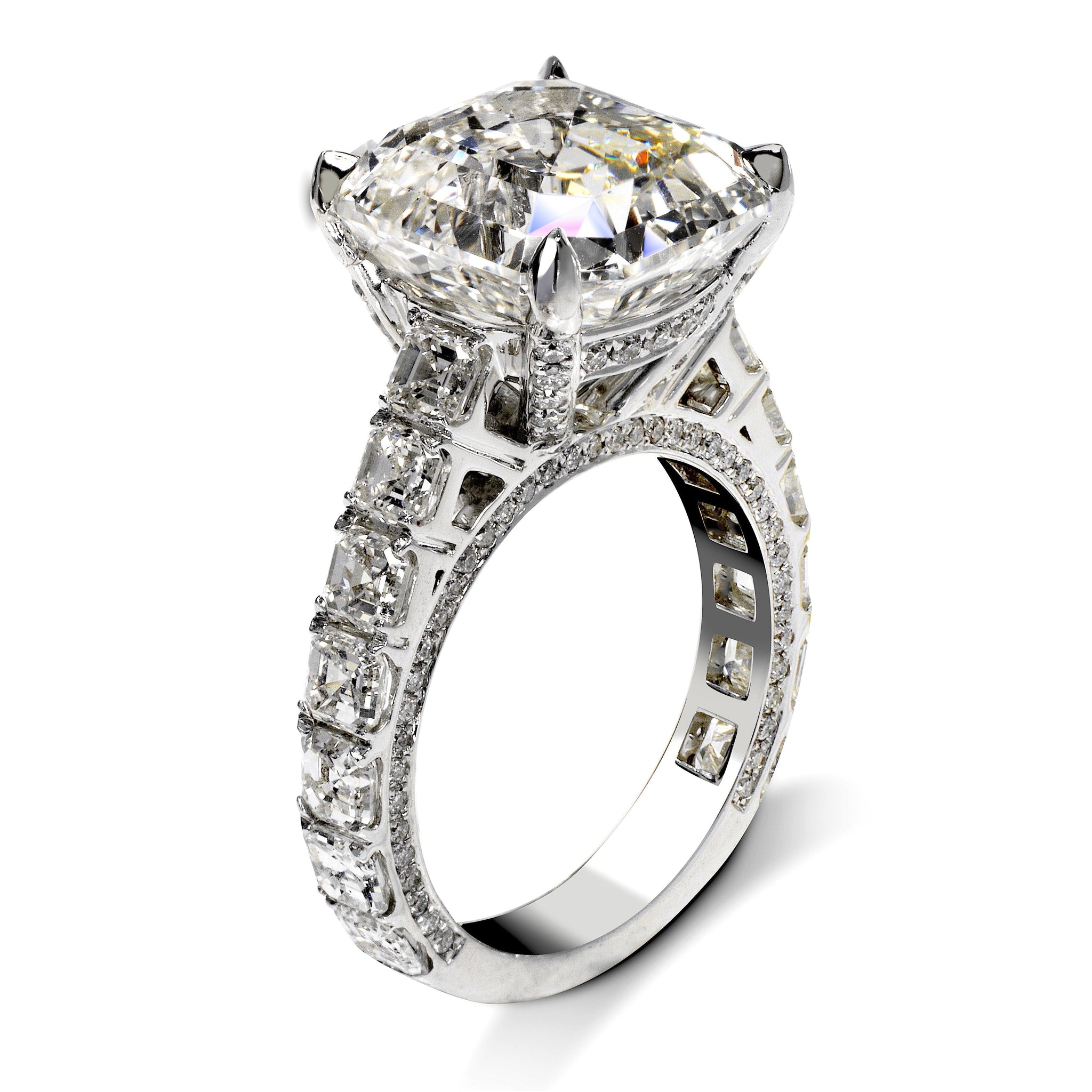 Diamond Ring Asscher Cut 12 Carat Sidestone Ring in 18K White Gold Side View