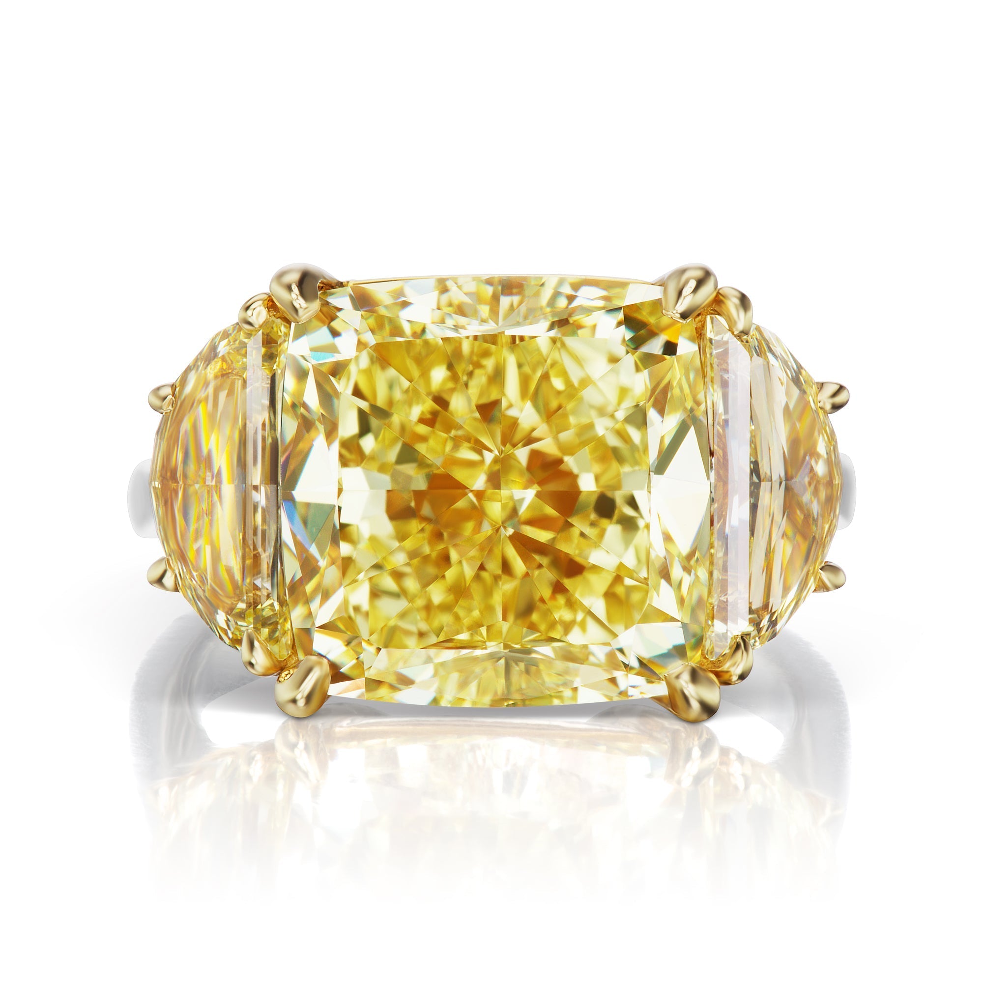 Yellow Diamond Ring Cushion Cut 12 Carat Three Stone Ring in Platinum Front View