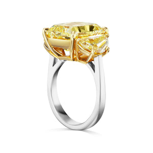Yellow Diamond Ring Cushion Cut 12 Carat Three Stone Ring in Platinum Side View