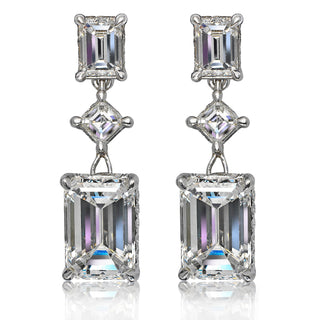 Diamond Earring Emerald Cut 12 Carat Three Stone Hanging Earring in Platinum Front  View