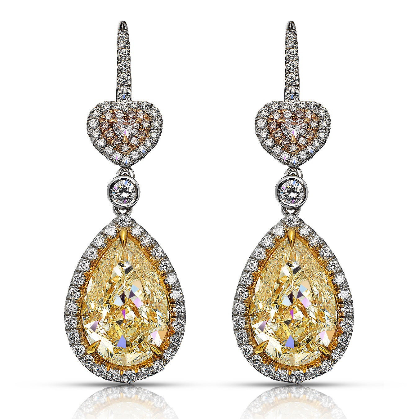 Yellow Diamond Earrings Pear & Heart Shape Cut 12 Carat Three Stone Earrings in Platinum Front View