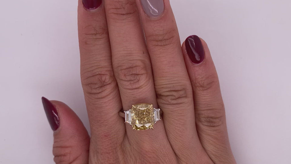Brownish Green Diamond Ring Cushion Cut 6 Carat Three Stone Ring in 18k Gold Video on Hand