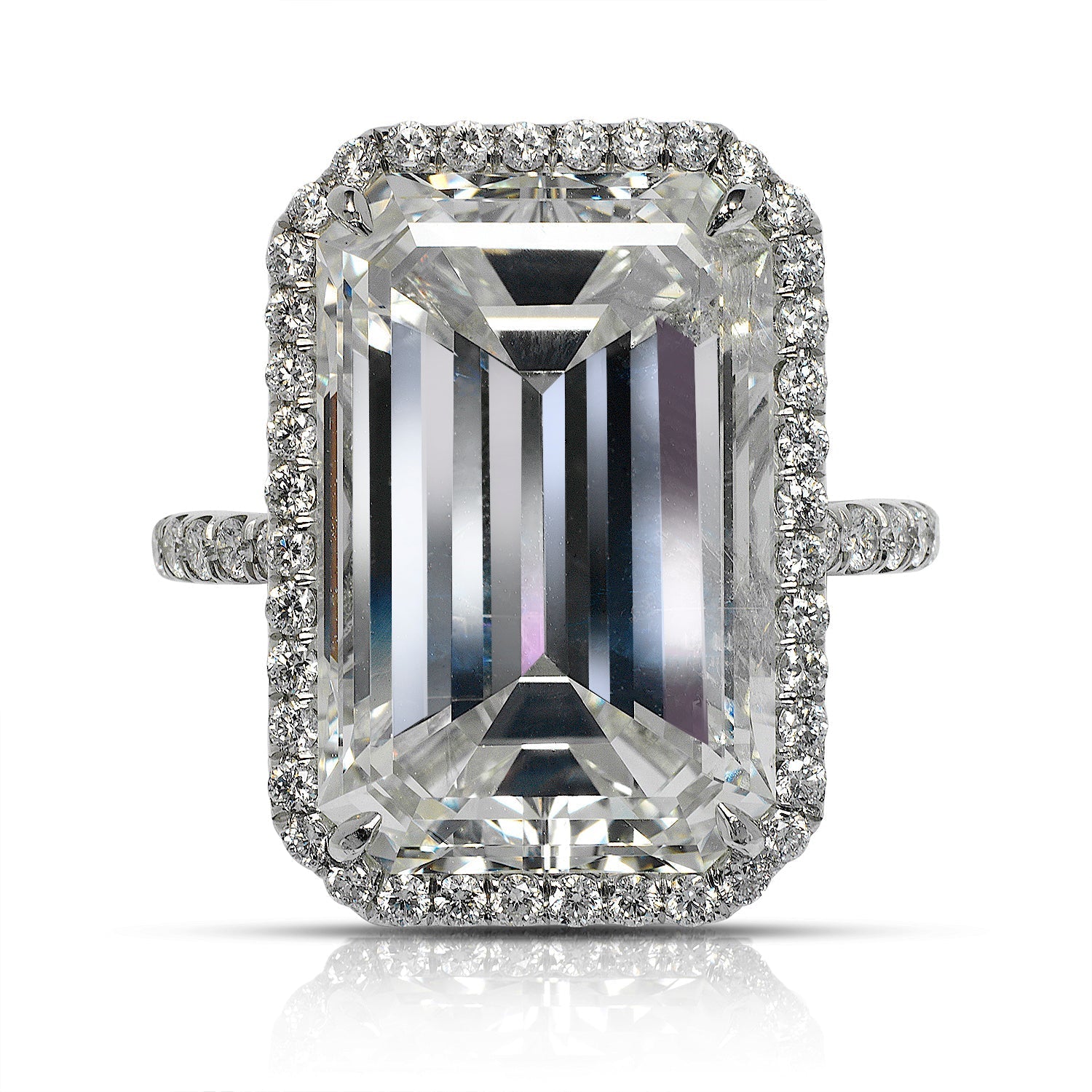 Diamond Ring Emerald Cut 13 Carat Halo Ring in Platinum Front View