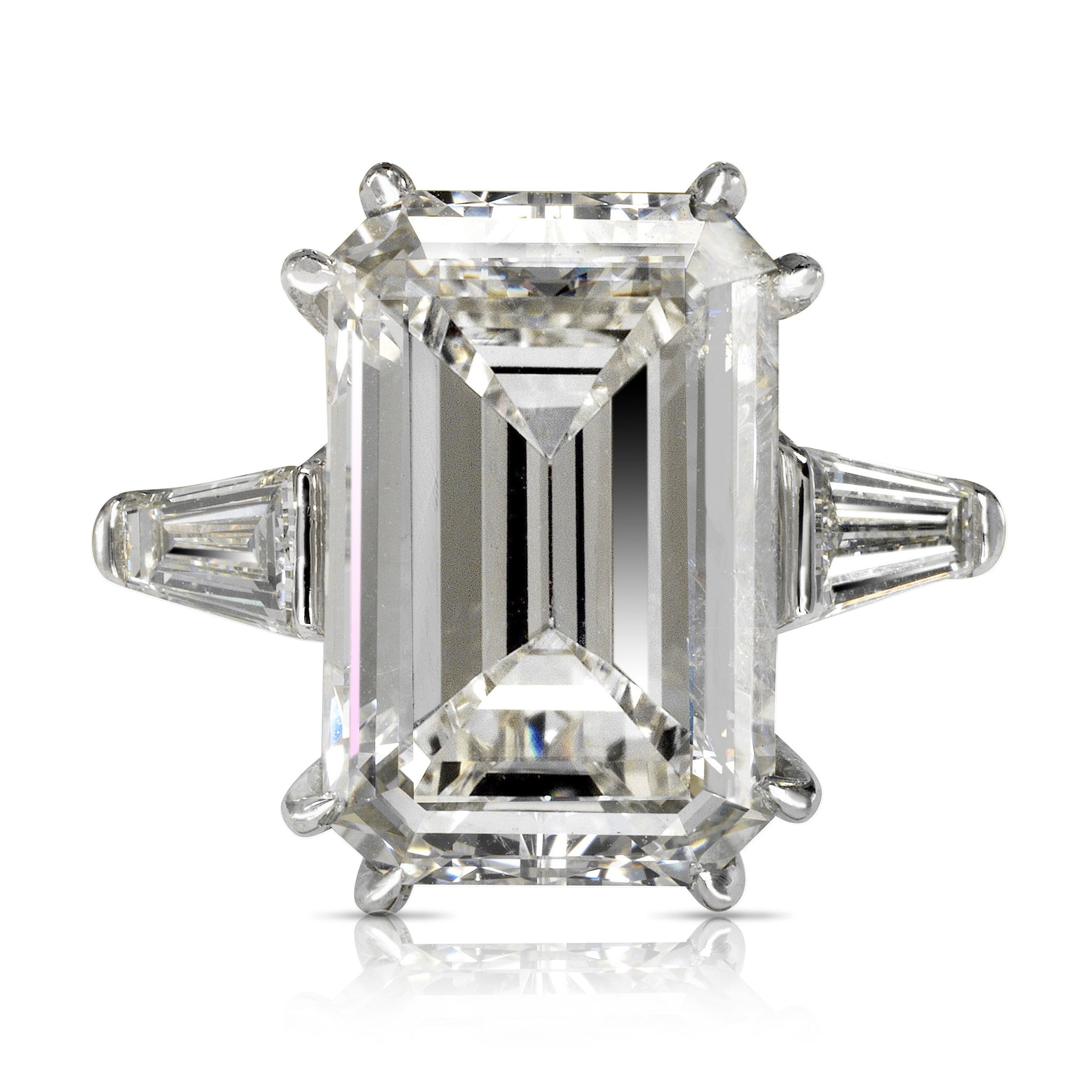 Diamond Ring Emerald Cut 13 Carat Three Stone Ring in Platinum Front View