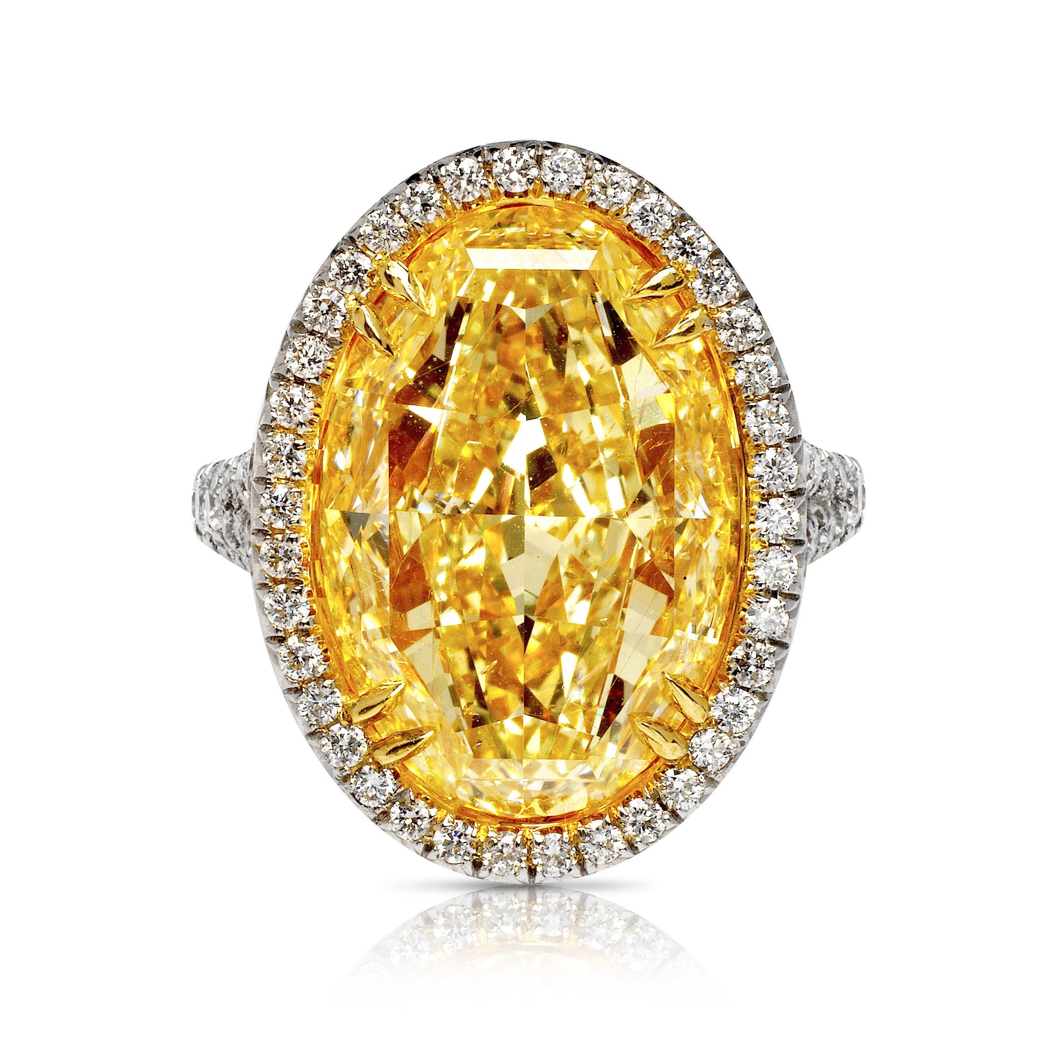 Fancy Yellow Diamond Ring Oval Cut 13 Carat Halo Ring in Platinum & 18K Gold Front View